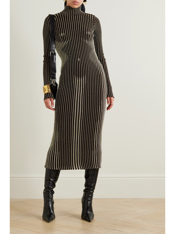 Jean Paul Gaultier Trompe l'oeil ribbed metallic merino wool-blend turtleneck midi dress