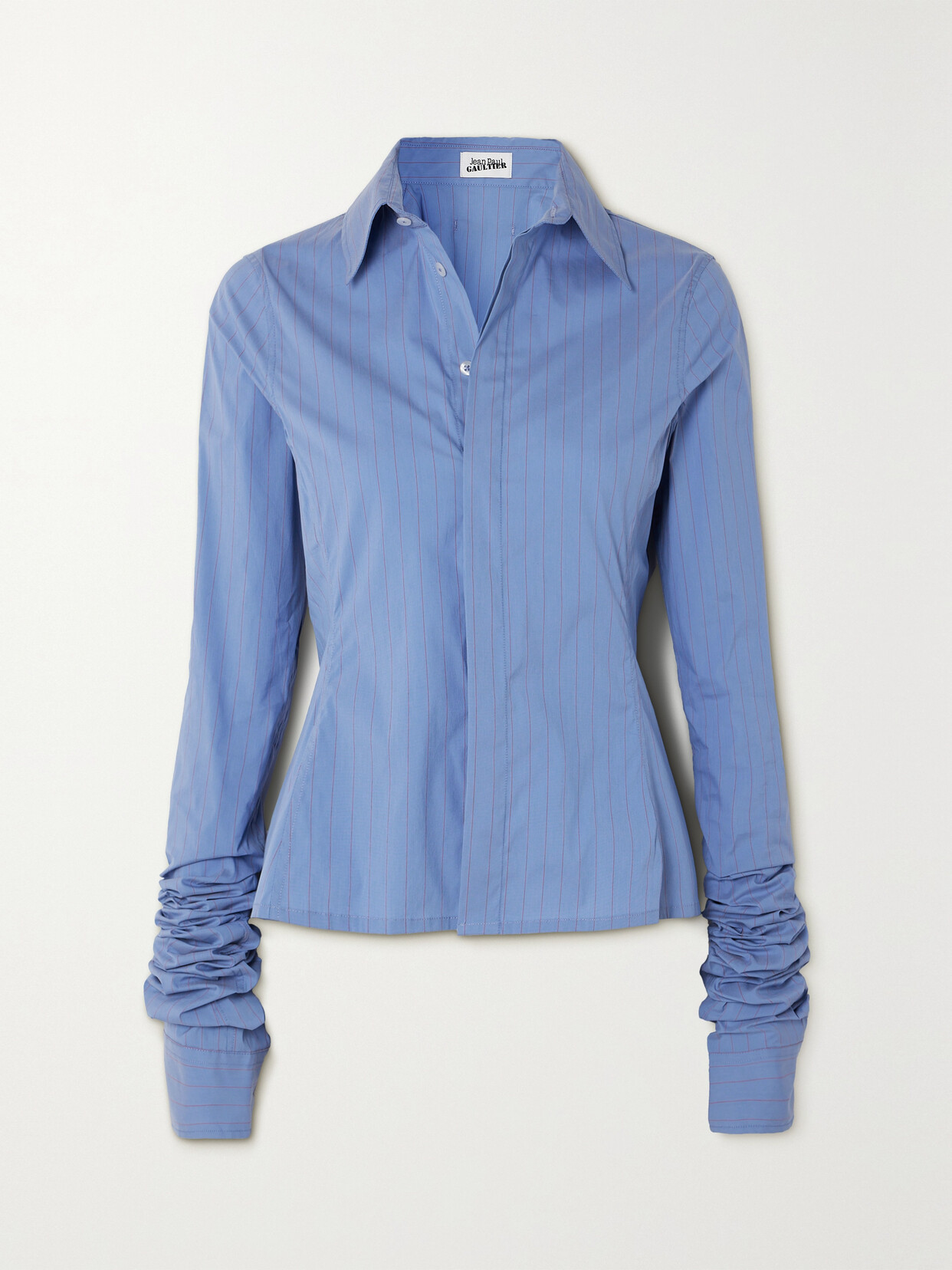 Shop Jean Paul Gaultier Ruched Striped Cotton-blend Poplin Shirt In Blue