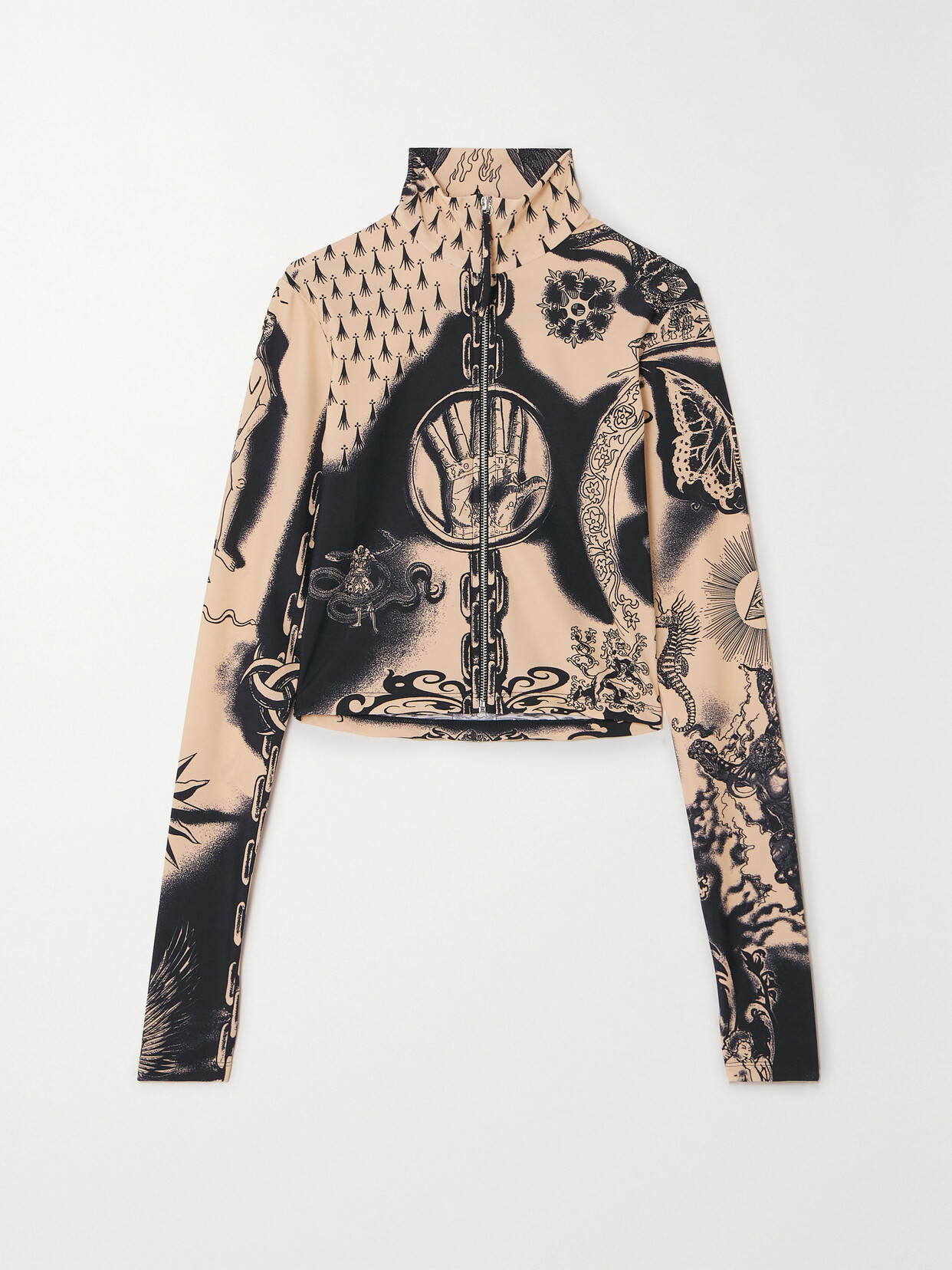 Jean Paul Gaultier Cropped Printed Stretch-jersey Mock-neck Top In Neutrals