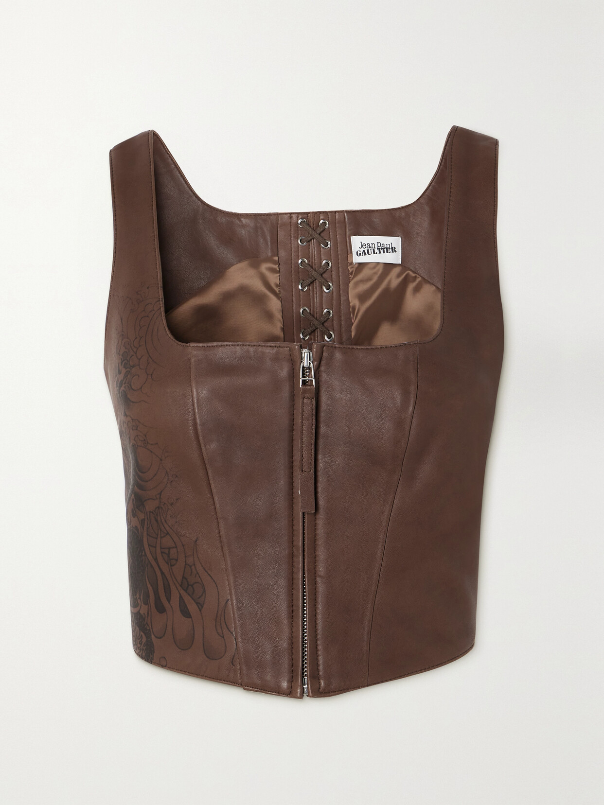 Jean Paul Gaultier Cropped Lace-up Printed Leather Bustier Top In Brown