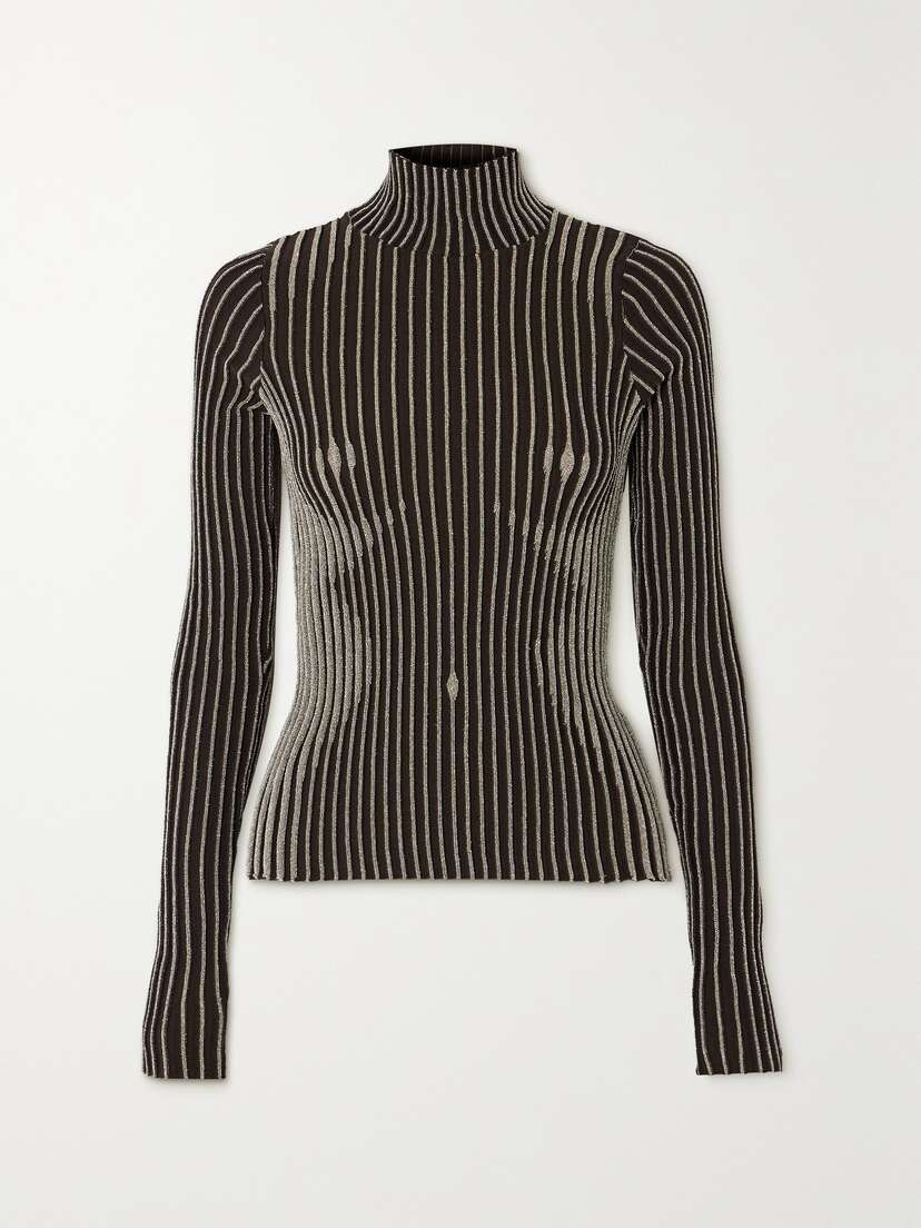 Jean Paul Gaultier Metallic Ribbed Merino-wool Blend Mock-neck Sweater - x large