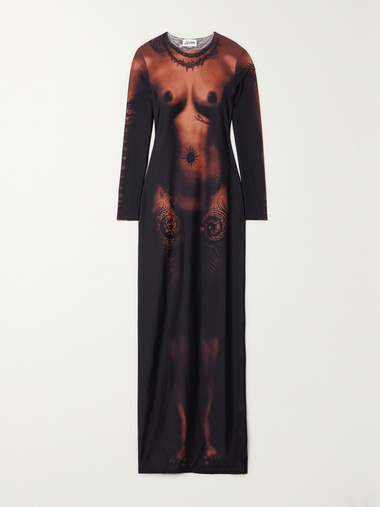 Shop Jean Paul Gaultier Printed Stretch-satin Jersey Maxi Dress In Brown