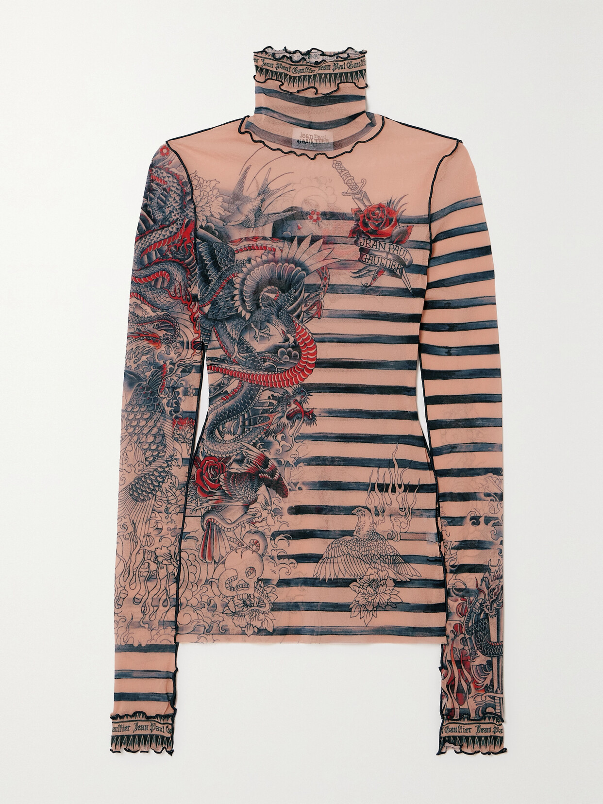 Jean Paul Gaultier Printed Tulle Turtleneck Top - Neutrals