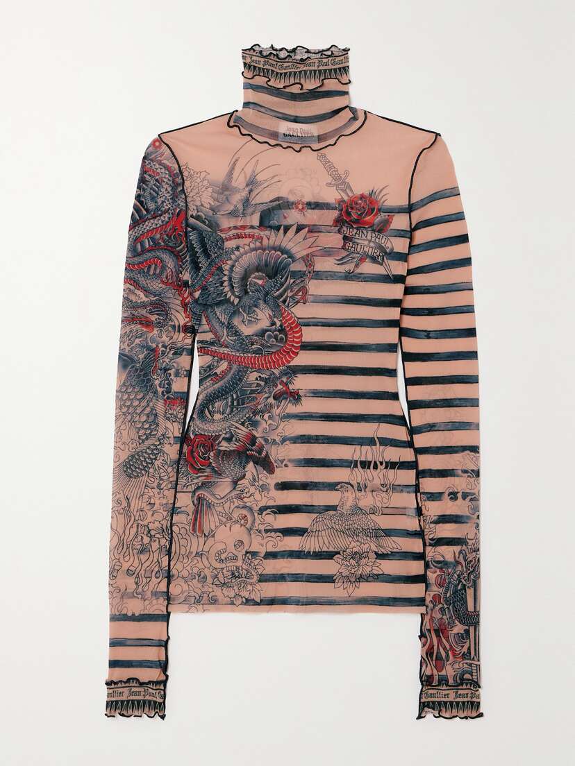 Jean Paul Gaultier Printed Tulle Turtleneck Top - x large