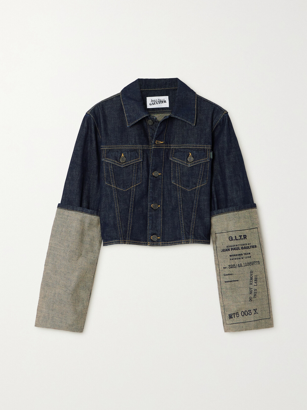 Shop Jean Paul Gaultier Printed Two-tone Cropped Denim Jacket In Blue