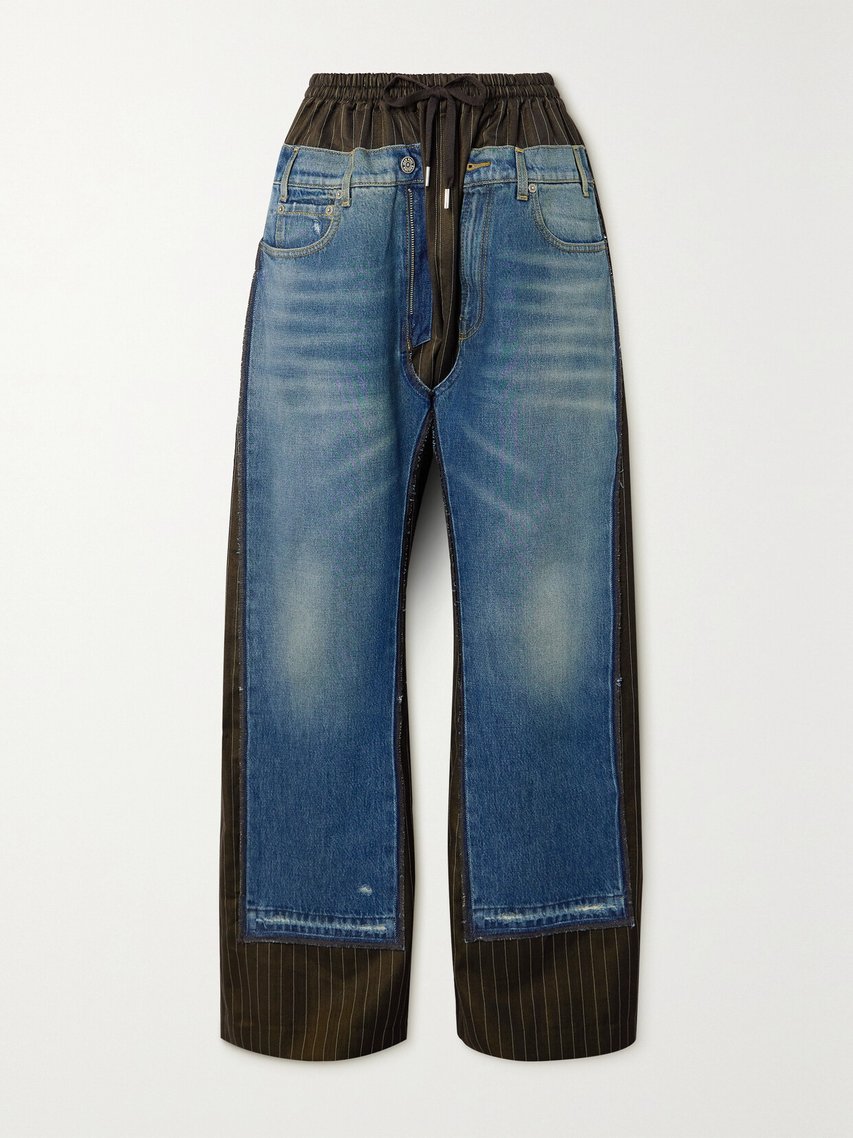 Jean Paul Gaultier - Paneled Denim And Pinstriped Wool-blend Wide-leg Pants - Brown