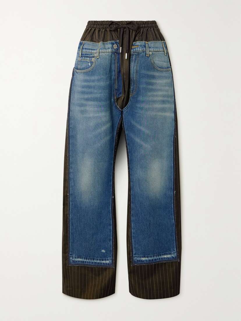 Jean Paul Gaultier Paneled Denim And Pinstriped Wool-blend Wide-leg Pants
