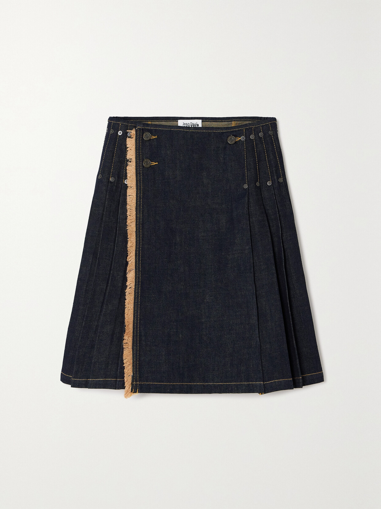 JEAN PAUL GAULTIER FRAYED PLEATED DENIM WRAP SKIRT