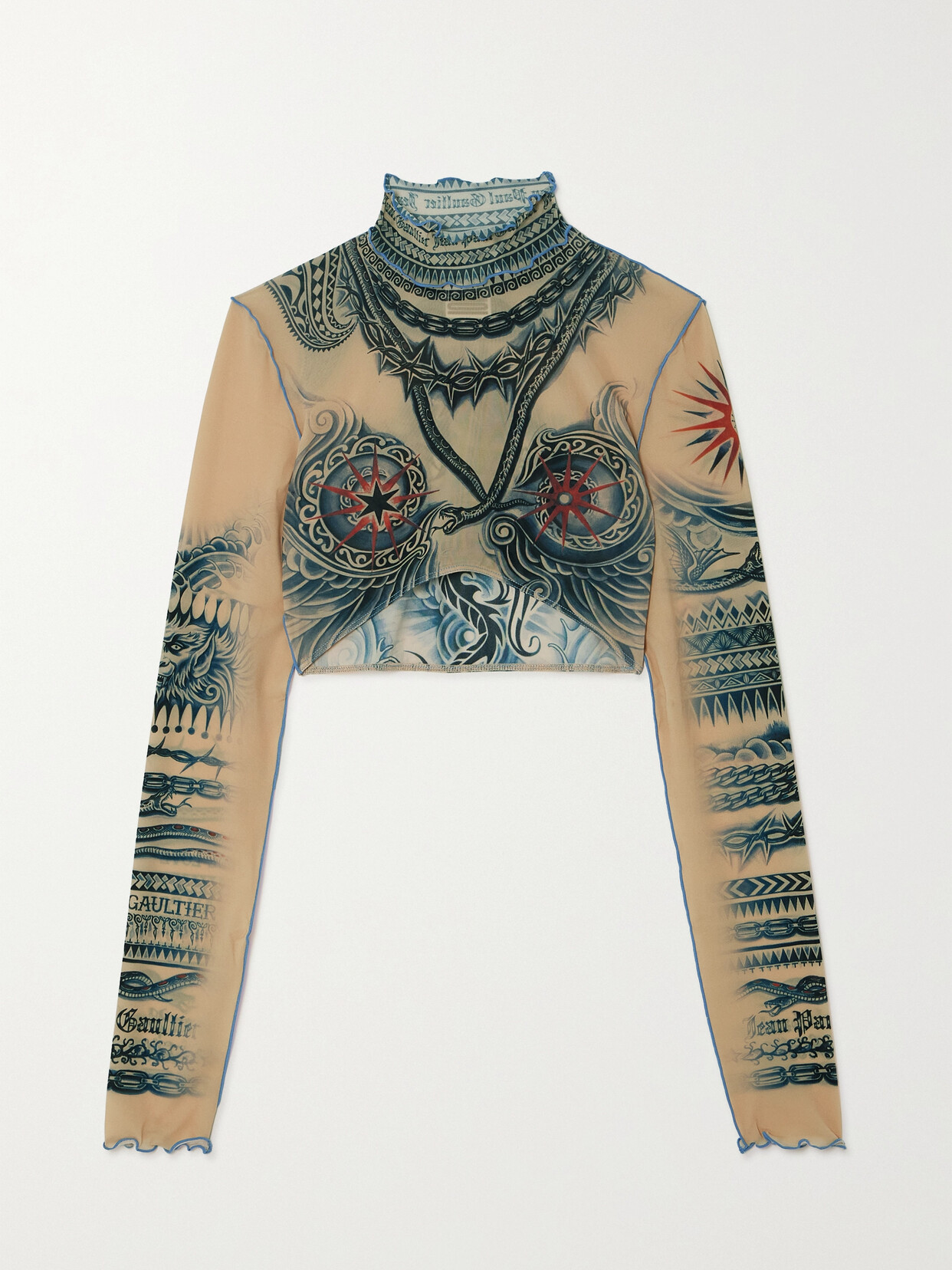 Jean Paul Gaultier Soleil Cropped Printed Stretch-tulle Turtleneck Top - Neutrals