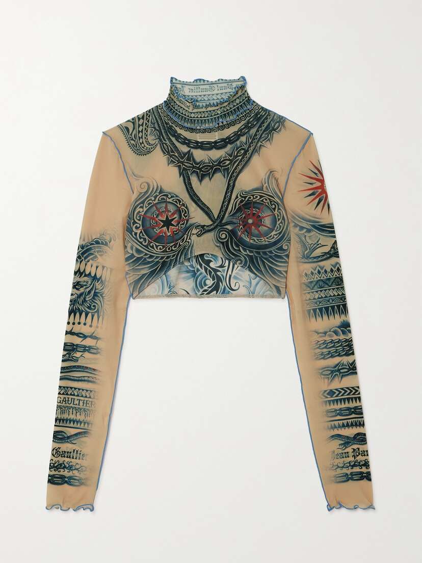 Jean Paul Gaultier Soleil Cropped Printed Stretch-tulle Turtleneck Top
