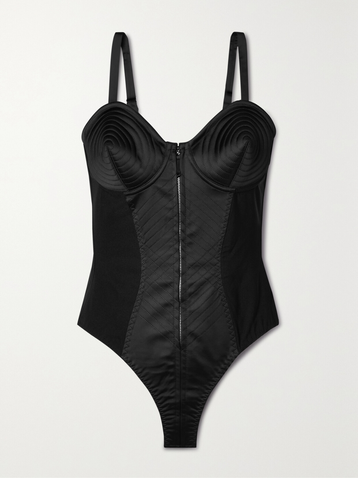 JEAN PAUL GAULTIER CREPE-TRIMMED QUILTED SATIN THONG BODYSUIT