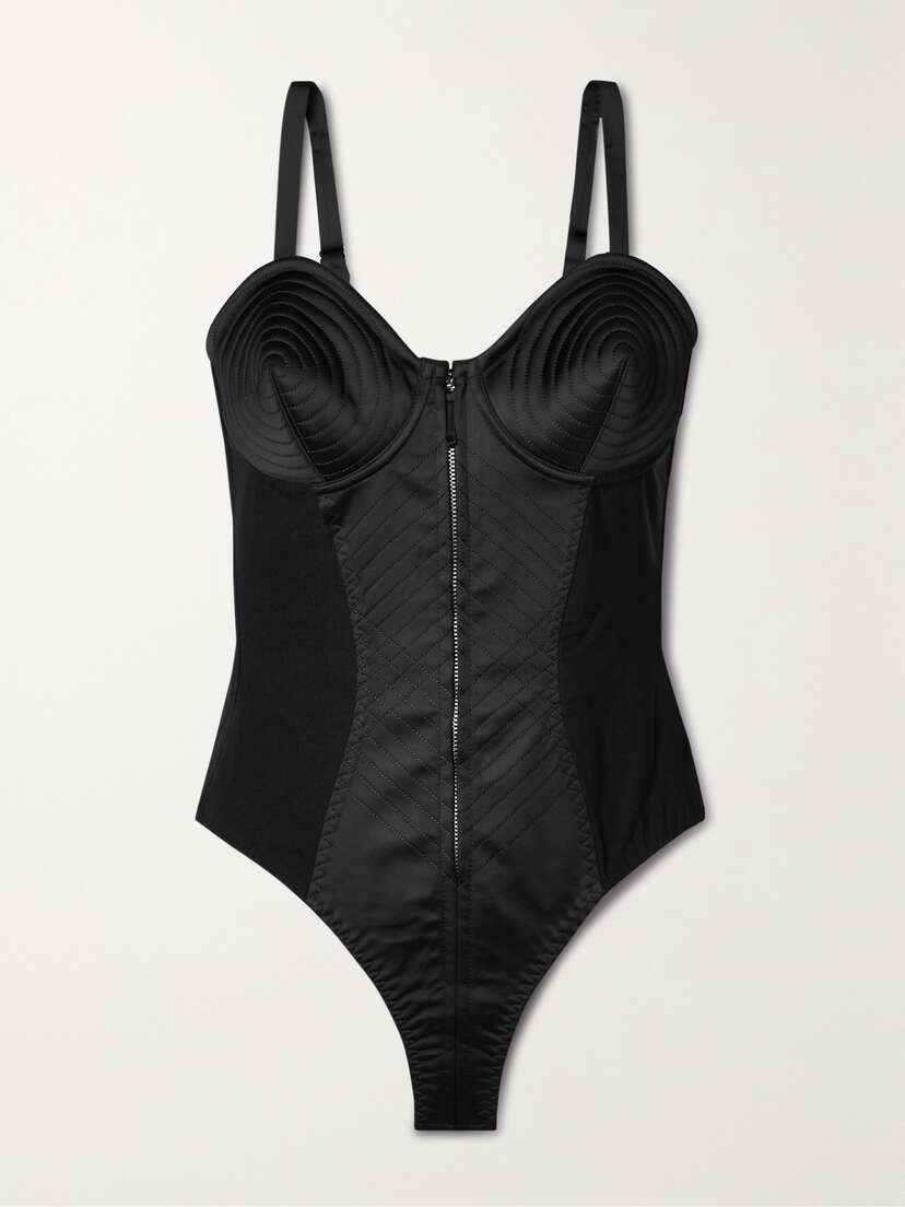 Jean Paul Gaultier Crepe-trimmed Quilted Satin Thong Bodysuit