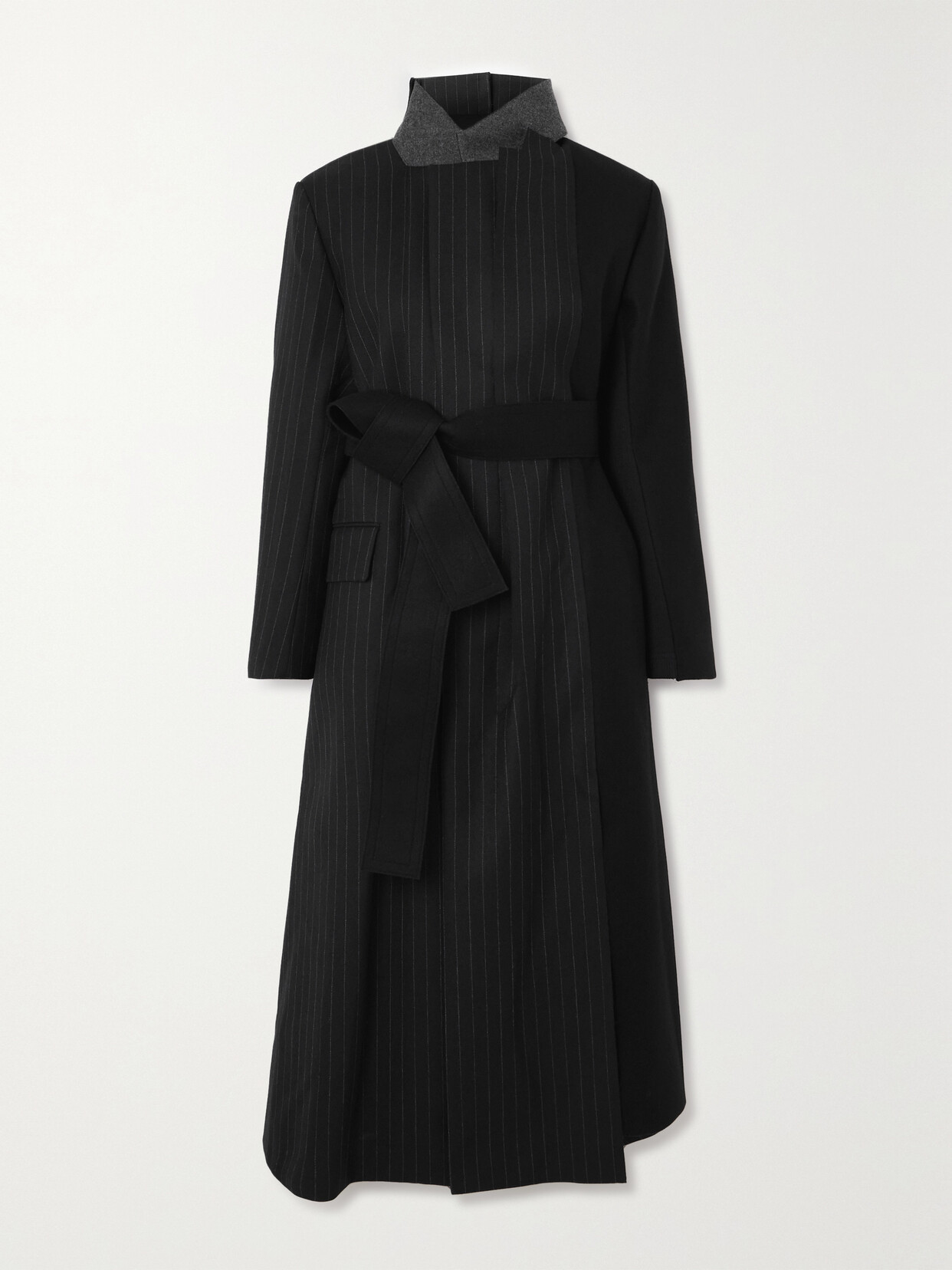 Sacai - Belted Pinstriped Wool Coat - Black