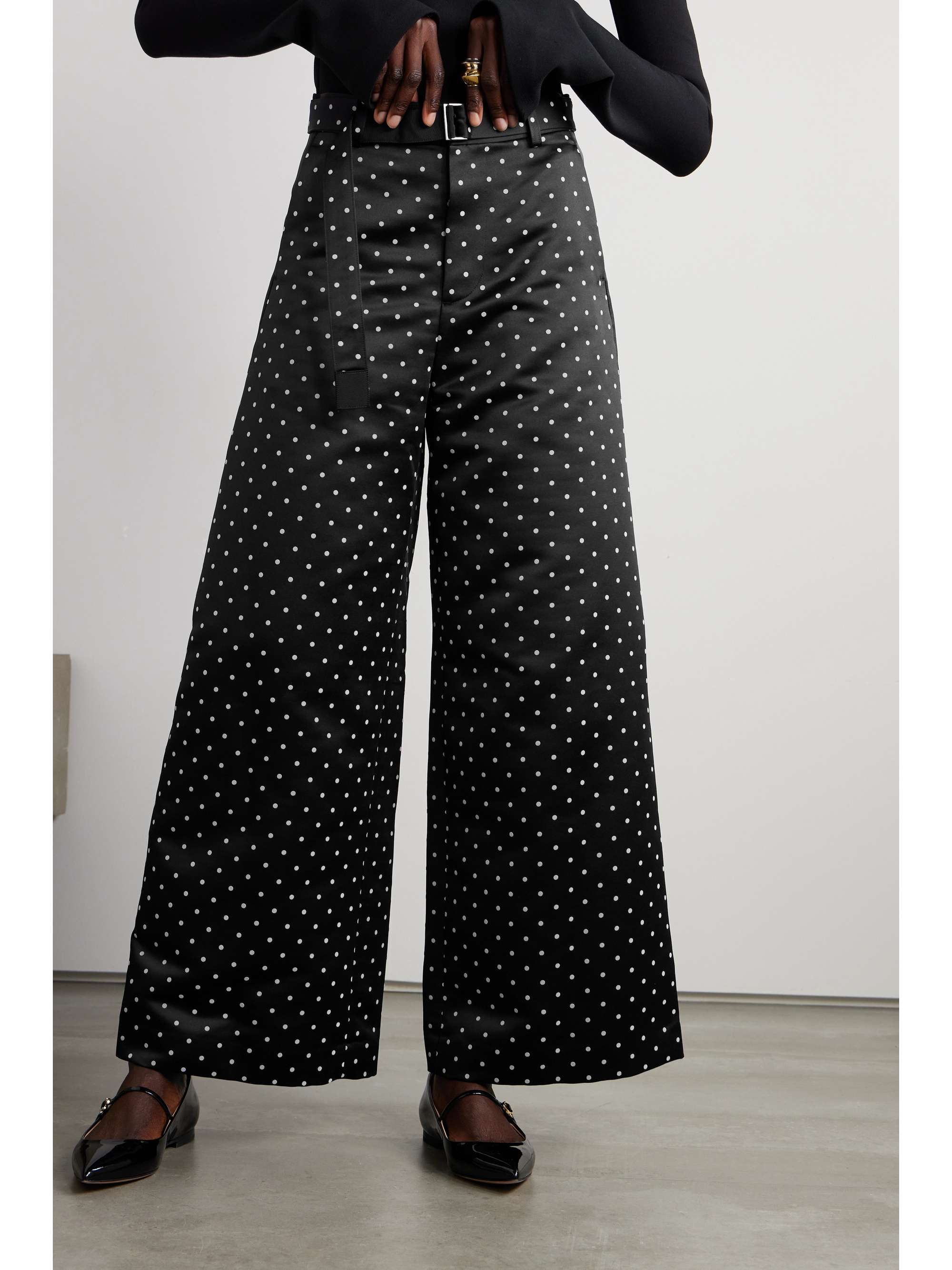 SACAI Belted polka-dot flocked satin wide-leg pants | NET-A-PORTER