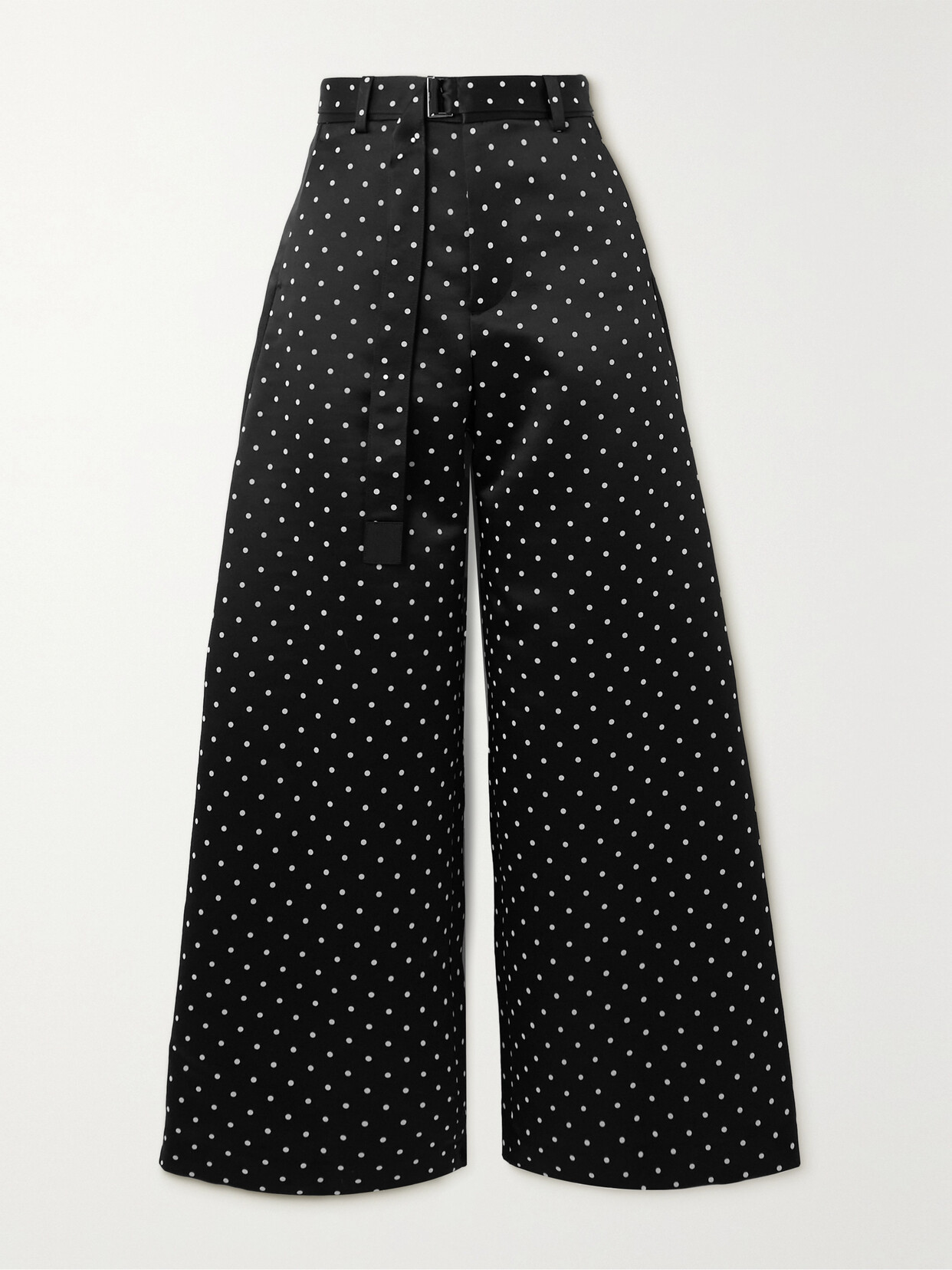 Sacai Belted Polka-dot Flocked Satin Wide-leg Pants In Black