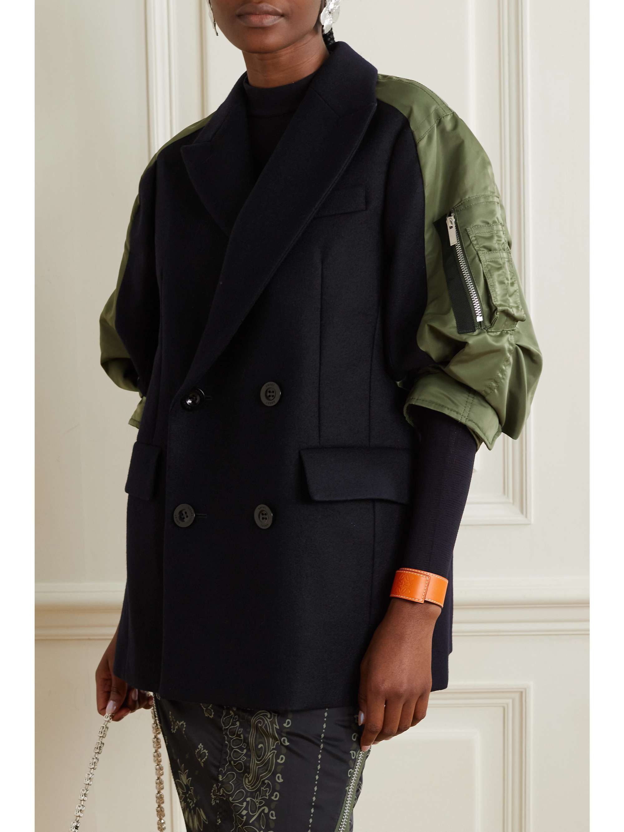 SACAI Double-breasted shell-paneled Melton wool jacket | NET-A-PORTER