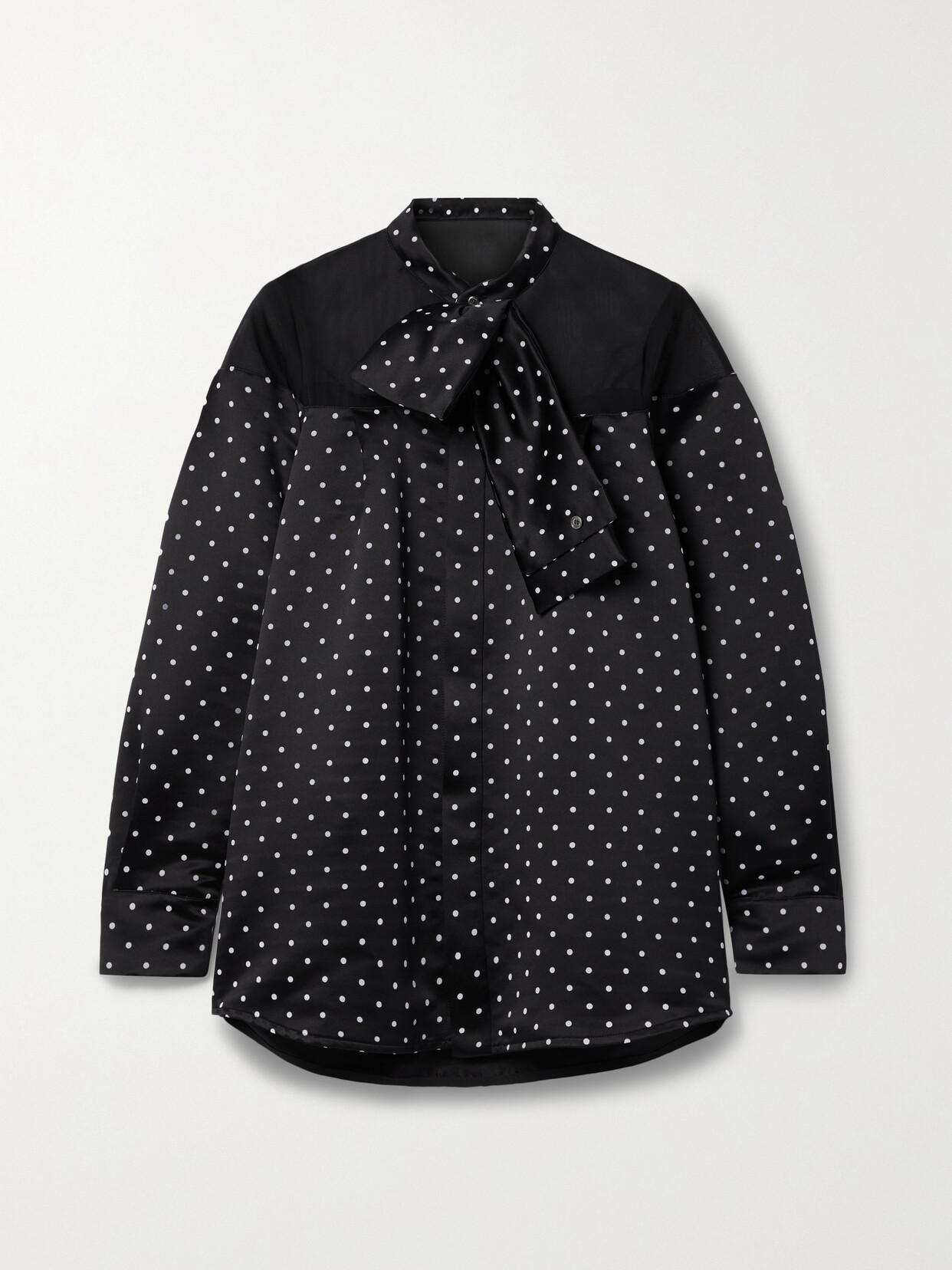 Shop Sacai Pussy-bow Mesh-trimmed Polka-dot Flocked Satin Shirt In Black