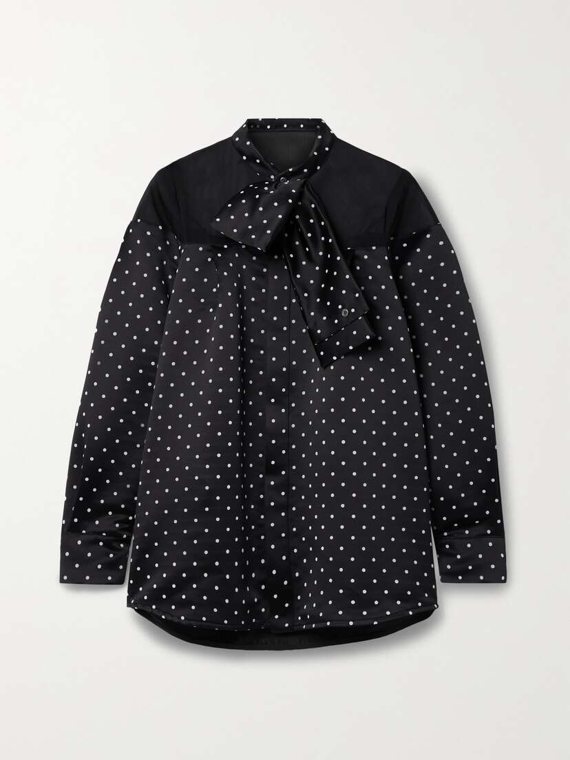 Sacai Pussy-bow Mesh-trimmed Polka-dot Flocked Satin Shirt