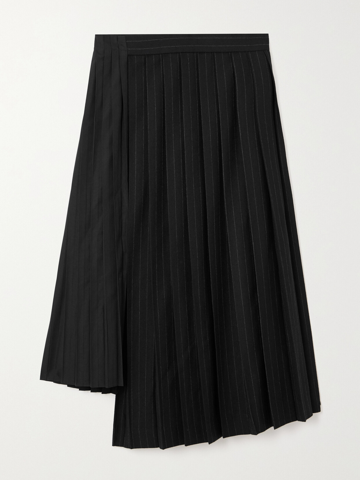 Shop Sacai Pleated Pinstriped Asymmetric Wool And Poplin Midi Skirt In Black