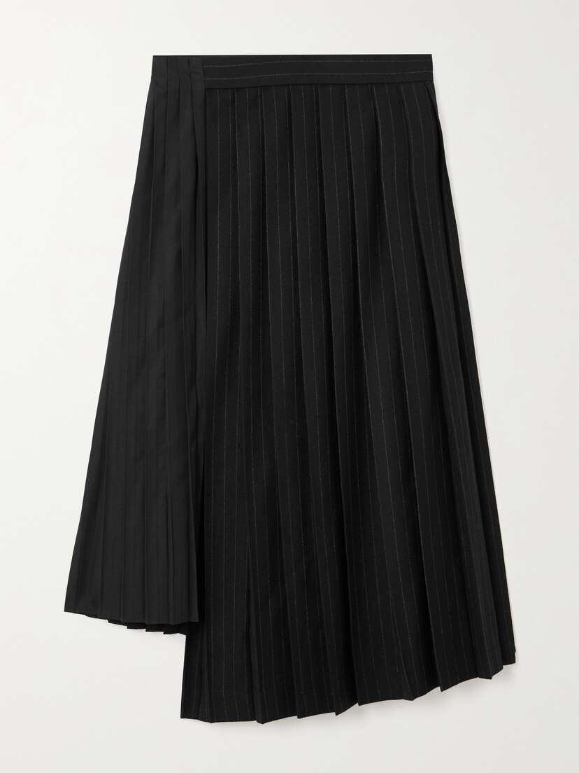 Sacai Pleated Pinstriped Asymmetric Wool And Poplin Midi Skirt