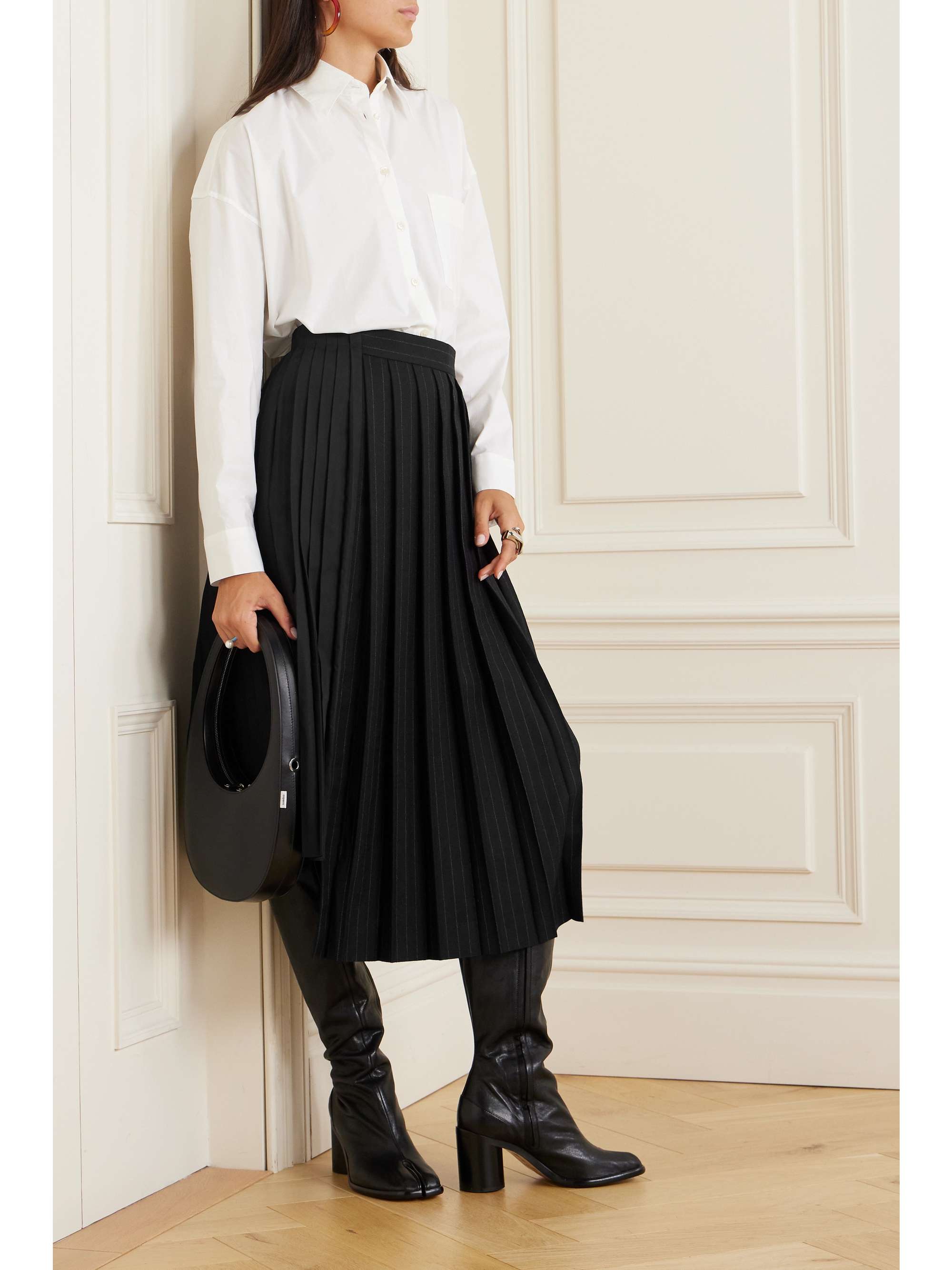 SACAI Pleated pinstriped asymmetric wool and poplin midi skirt