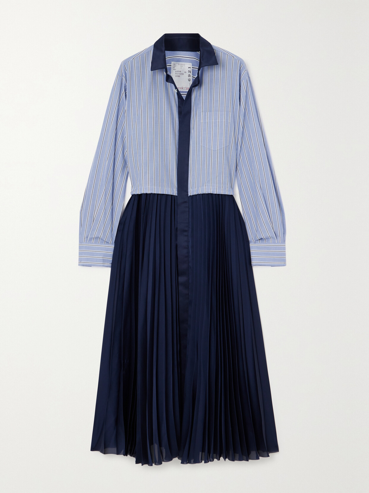 Sacai - Striped Cotton-poplin And Pleated Satin Midi Dress - Blue