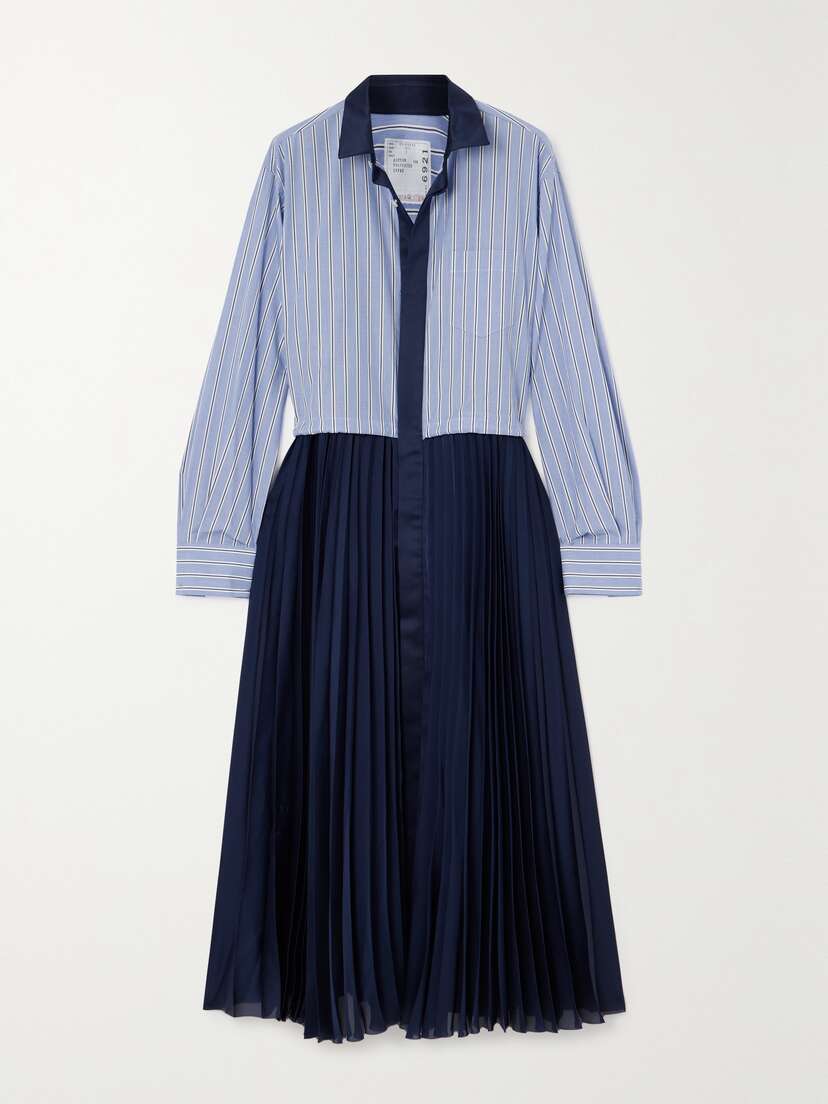 Sacai Striped Cotton-poplin And Pleated Satin Midi Dress