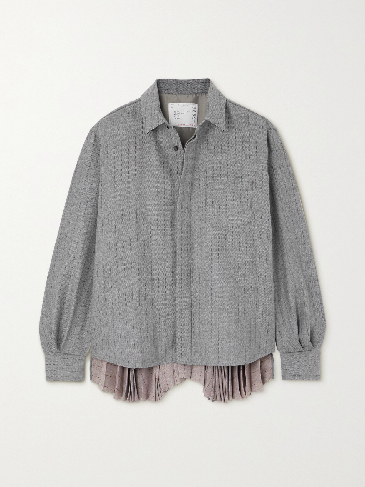 Sacai - Pleated Striped Wool-twill And Voile Shirt - Gray