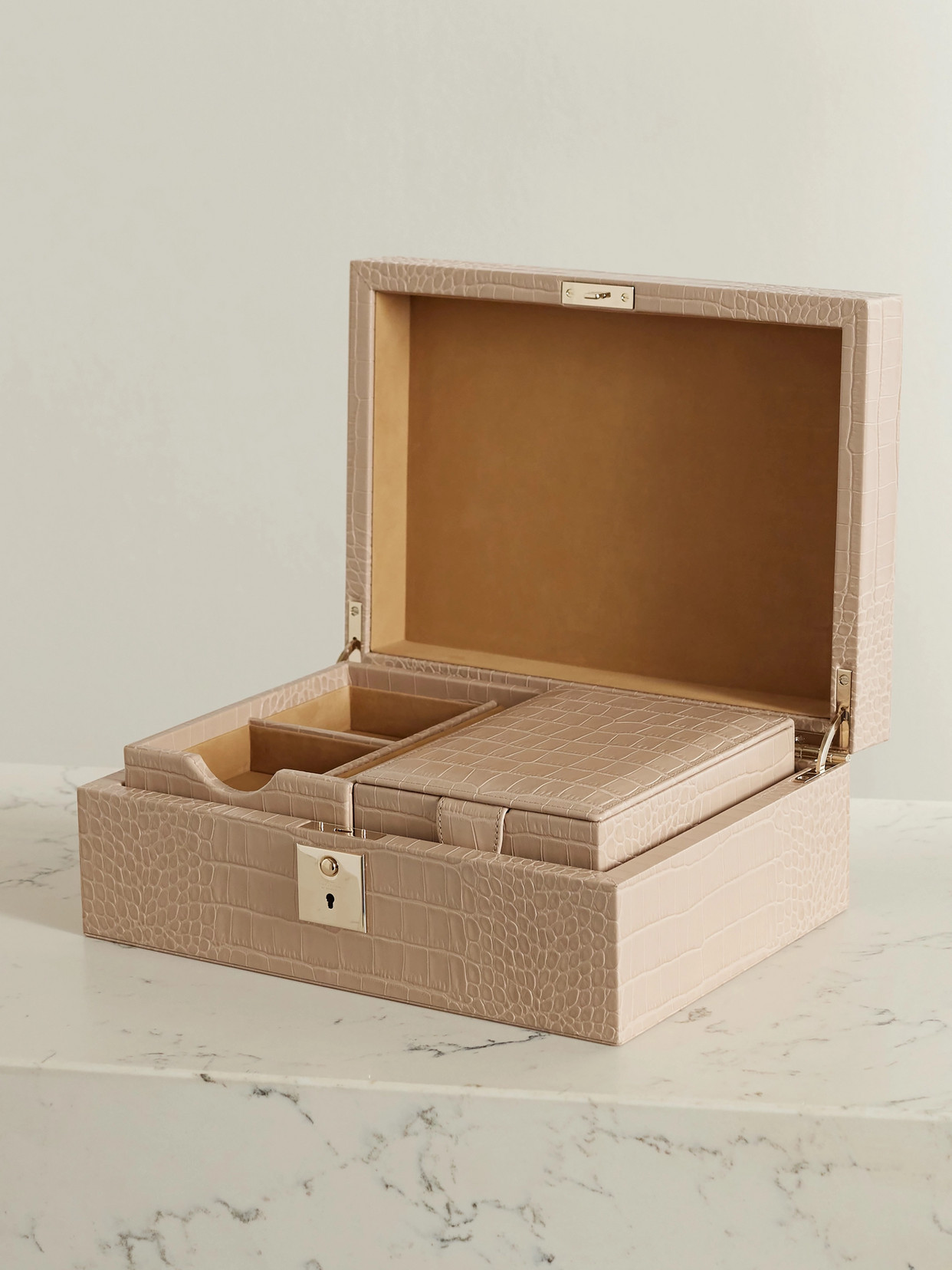 SMYTHSON - Panama Croc-effect Leather Jewelry Box And Travel Tray Set - Neutrals