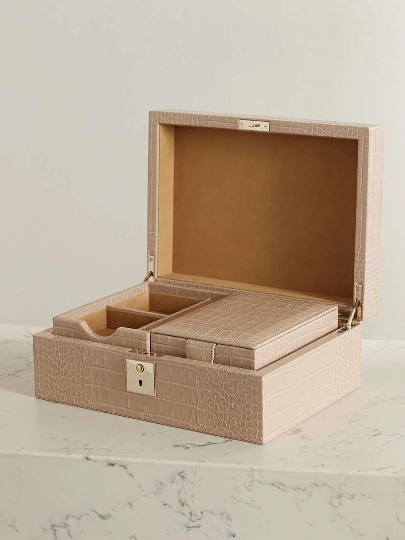 Smythson Panama Croc-effect Leather Jewelry Box And Travel Tray Set