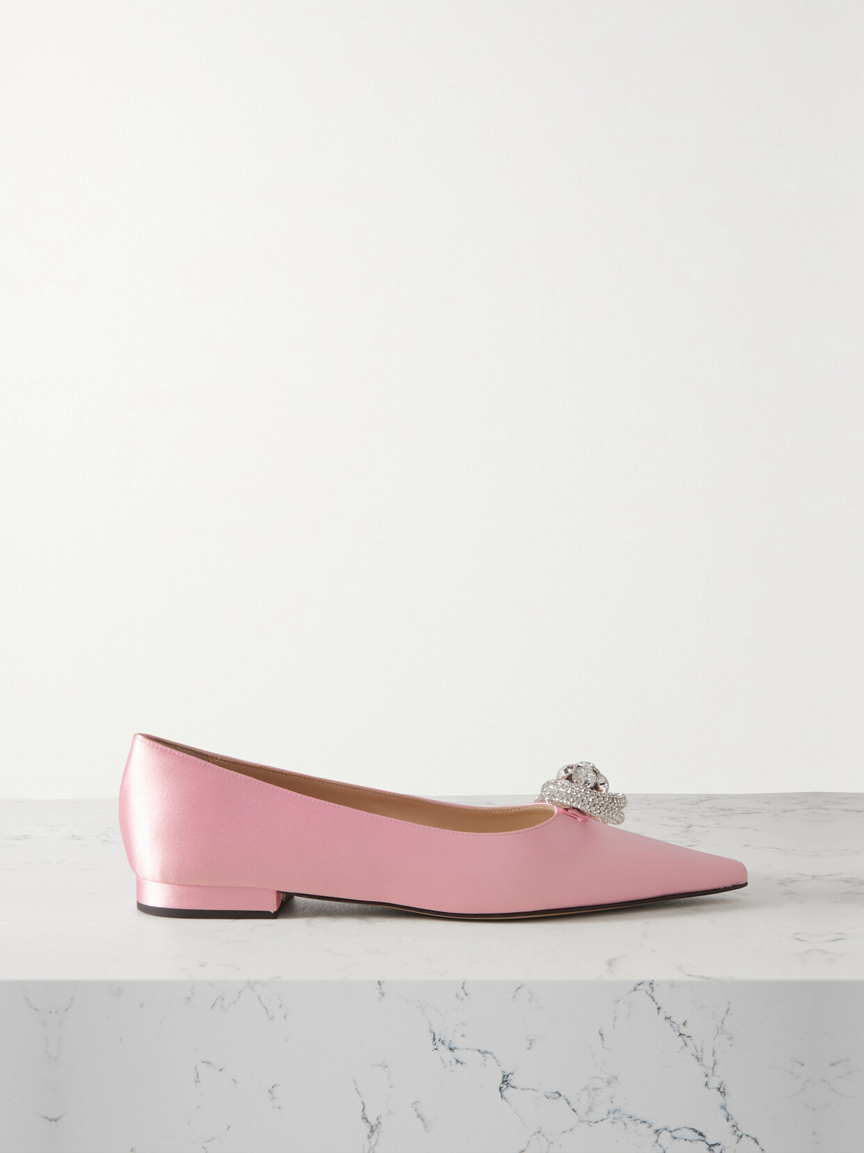 MACH & MACH Double Bow Crystal-embellished Satin Point-toe Flats - Pink