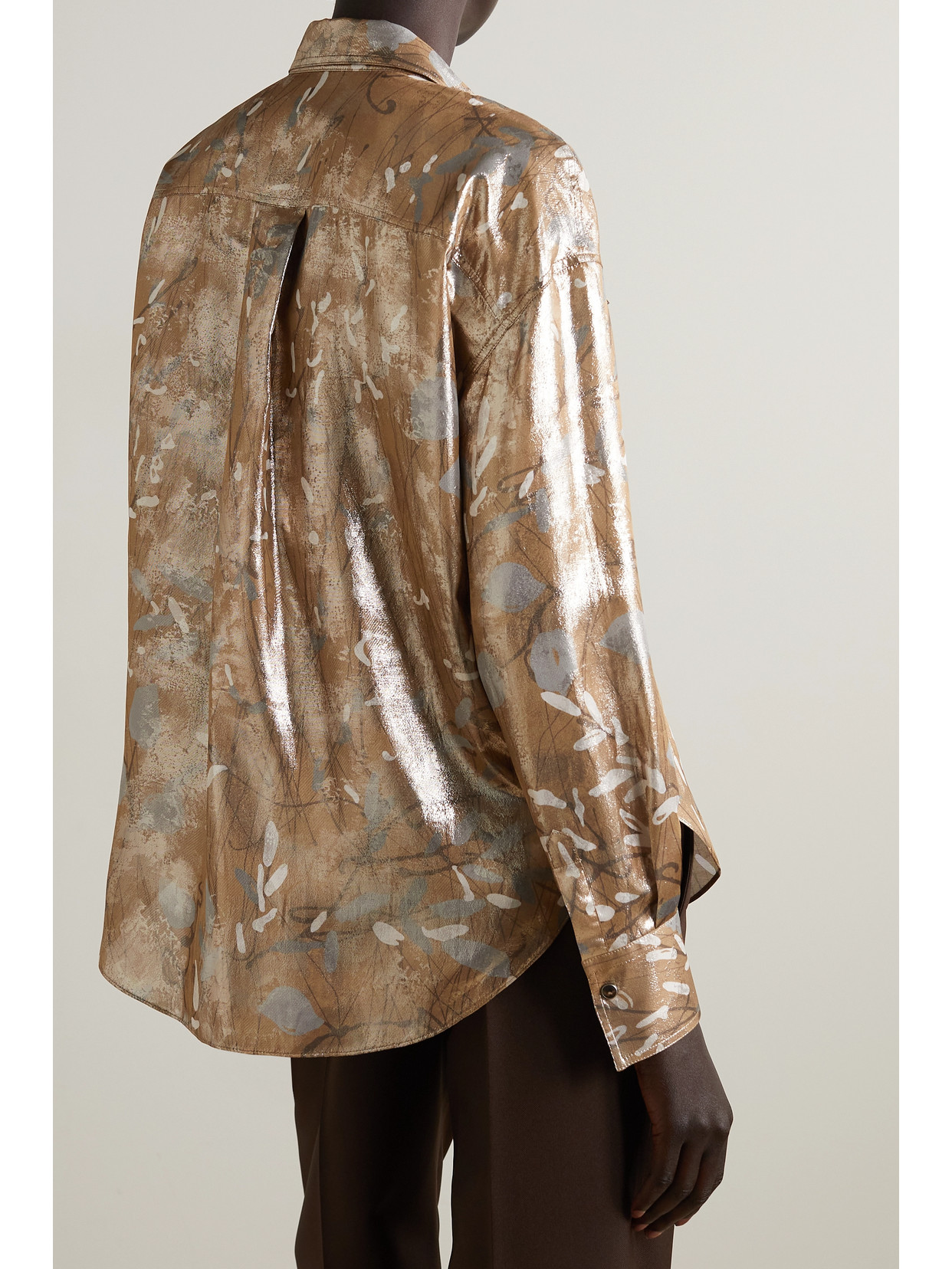 Shop Brunello Cucinelli Printed Metallic Silk-blend Shirt