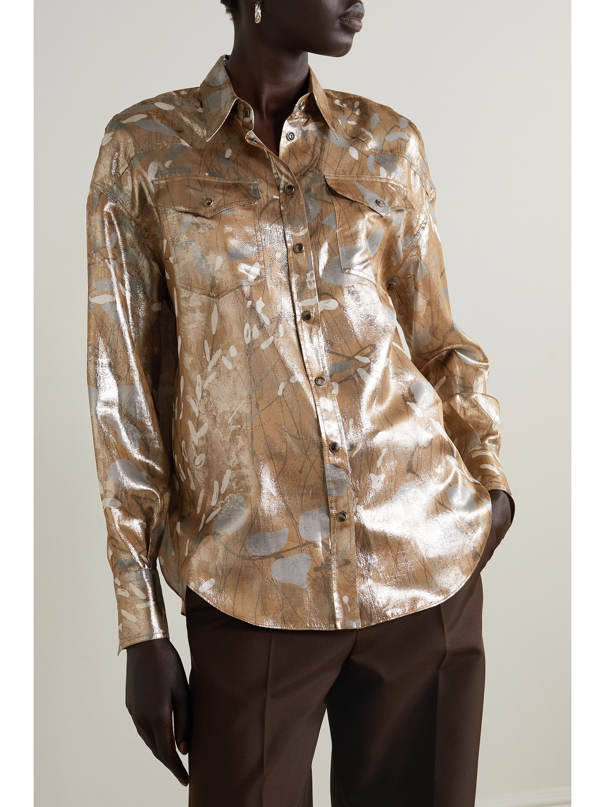 Shop Brunello Cucinelli Printed Metallic Silk-blend Shirt