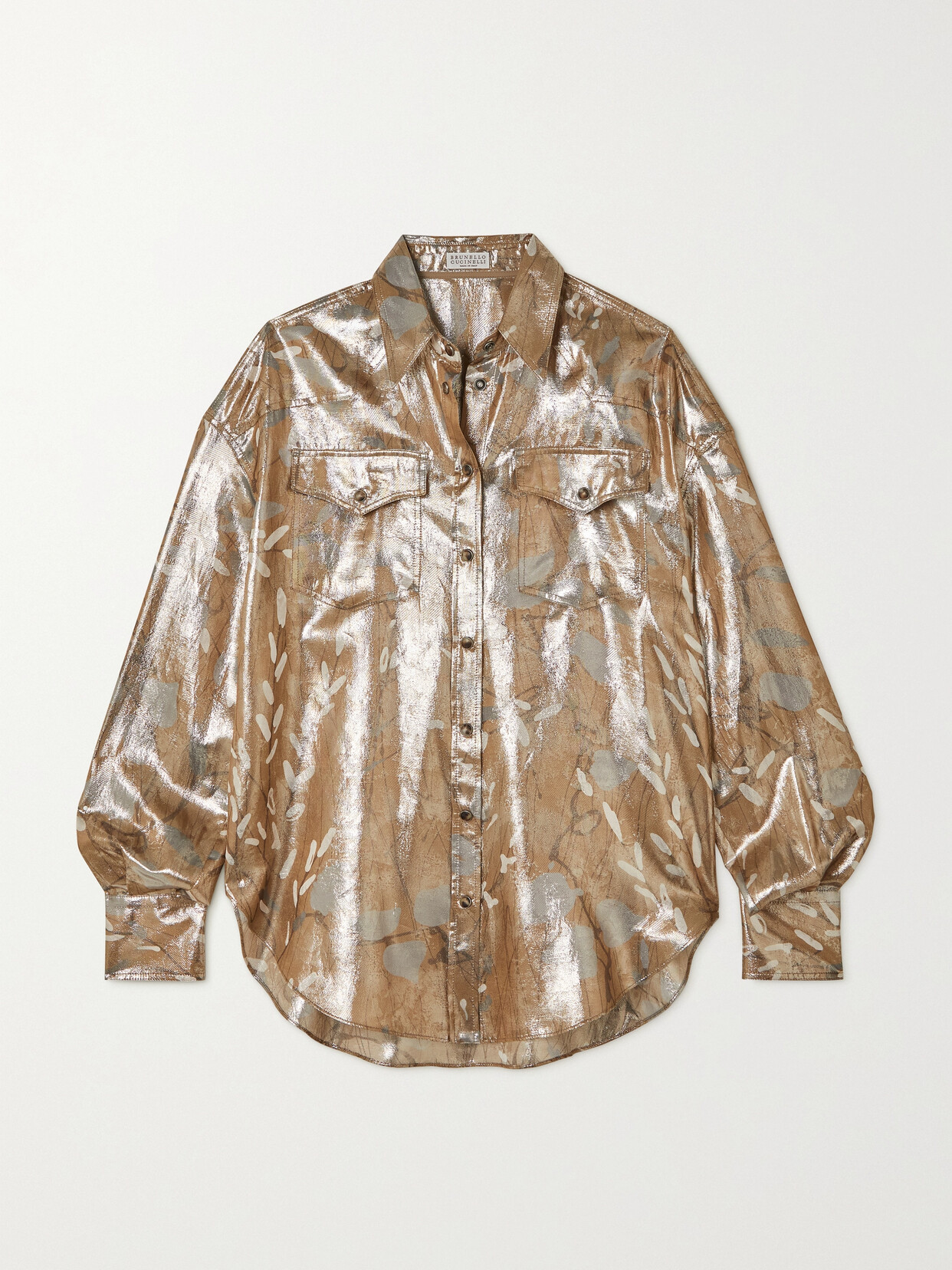 Shop Brunello Cucinelli Printed Metallic Silk-blend Shirt