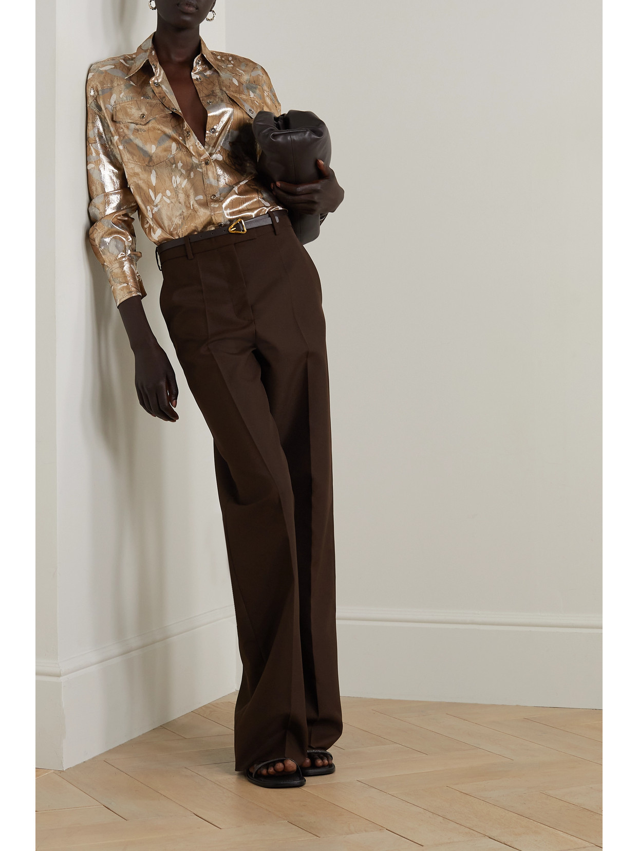 Brunello Cucinelli Metallic Laminated-print Silk Western Blouse In Metallic