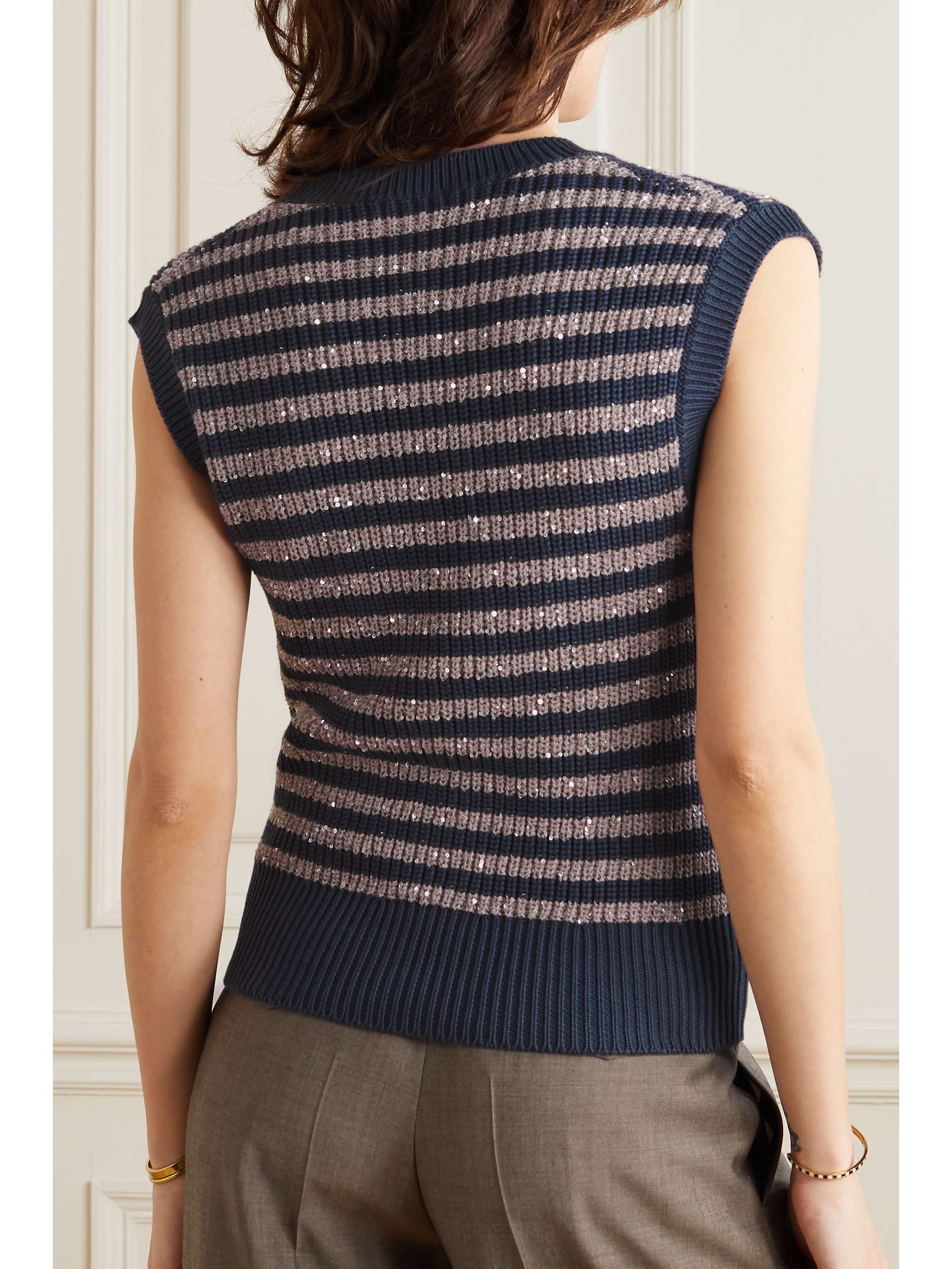 BRUNELLO CUCINELLI Sequin-embellished striped ribbed cotton vest