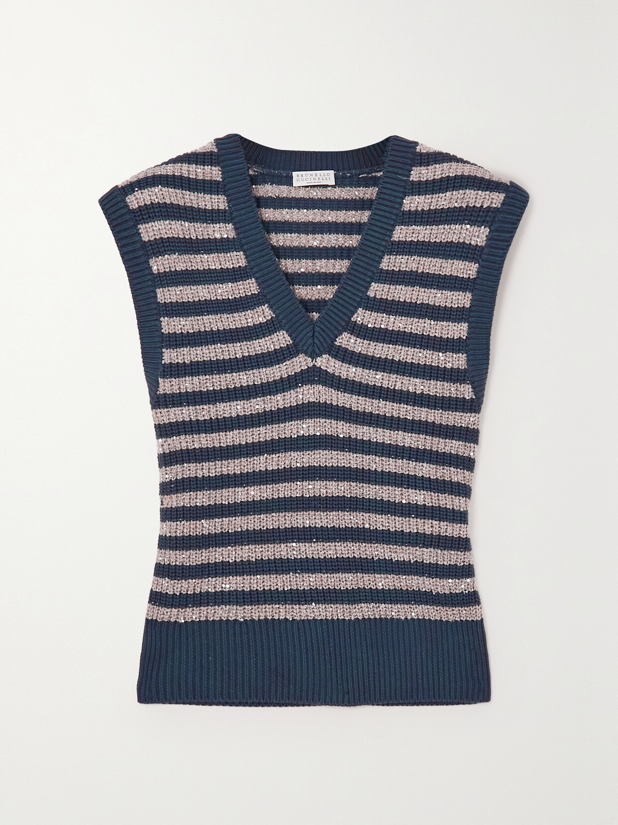 Brunello Cucinelli Sequin-embellished Striped Ribbed Cotton Vest In Blue