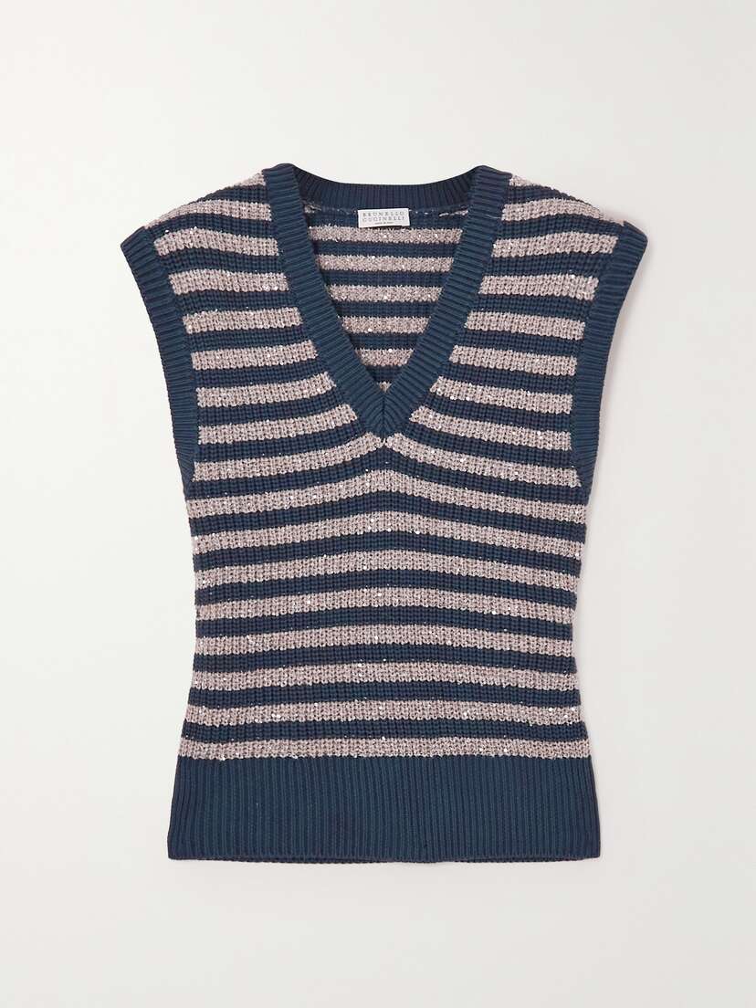 Brunello Cucinelli Sequin-embellished Striped Ribbed Cotton Vest - xx large