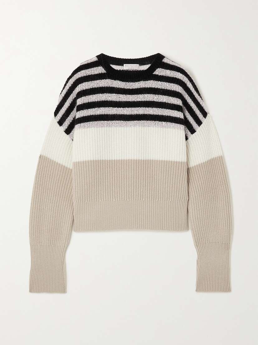 Brunello Cucinelli Striped Sequin-embellished Wool, Cashmere And Silk-blend Sweater - x large