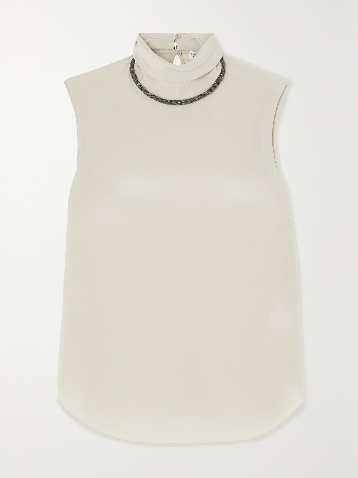 Brunello Cucinelli - Lupetto Embellished Silk Crepe De Chine Turtleneck Top - Neutrals