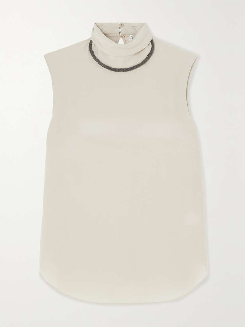 Brunello Cucinelli Lupetto Embellished Silk Crepe De Chine Turtleneck Top