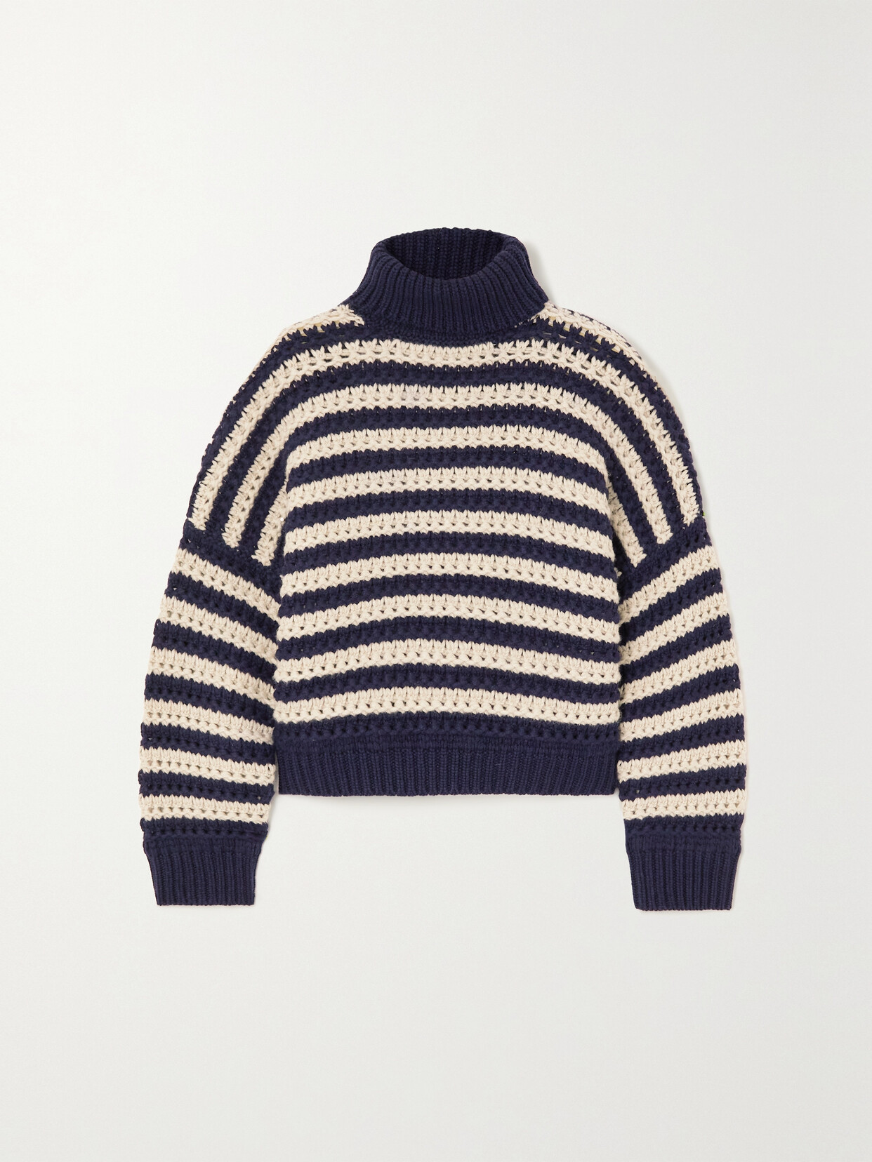 Shop Brunello Cucinelli Striped Wool, Cashmere And Silk-blend Turtleneck Sweater In Blue