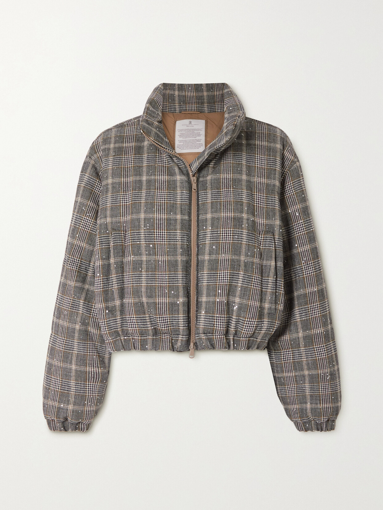 Brunello Cucinelli - Cropped Sequin-embellished Checked Padded Wool-blend Jacket - Gray