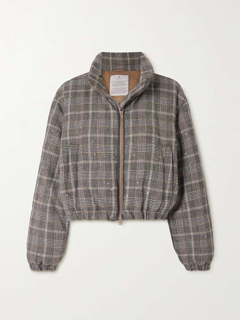 Brunello Cucinelli Cropped Sequin-embellished Checked Padded Wool-blend Jacket