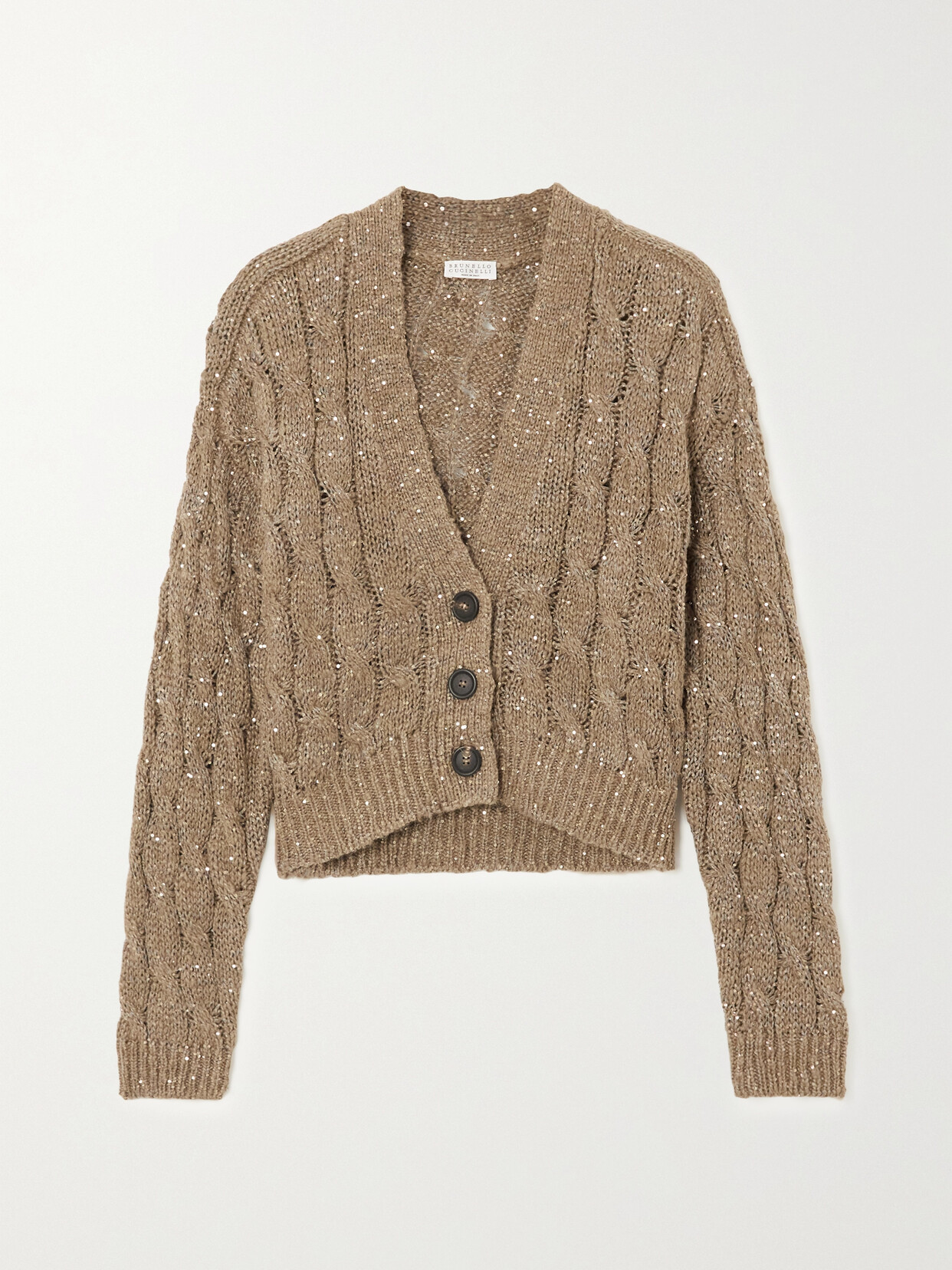 Shop Brunello Cucinelli Sequin-embellished Cable-knit Cardigan In Brown