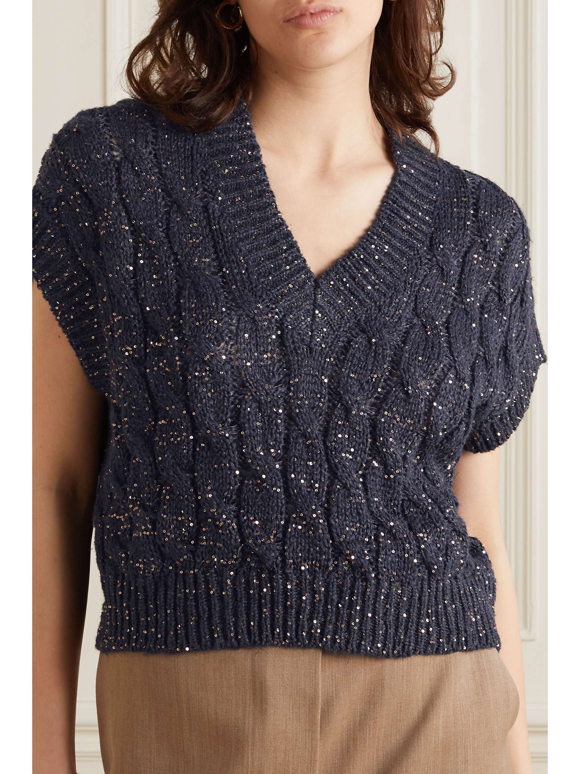 BRUNELLO CUCINELLI Sequin-embellished cable-knit vest