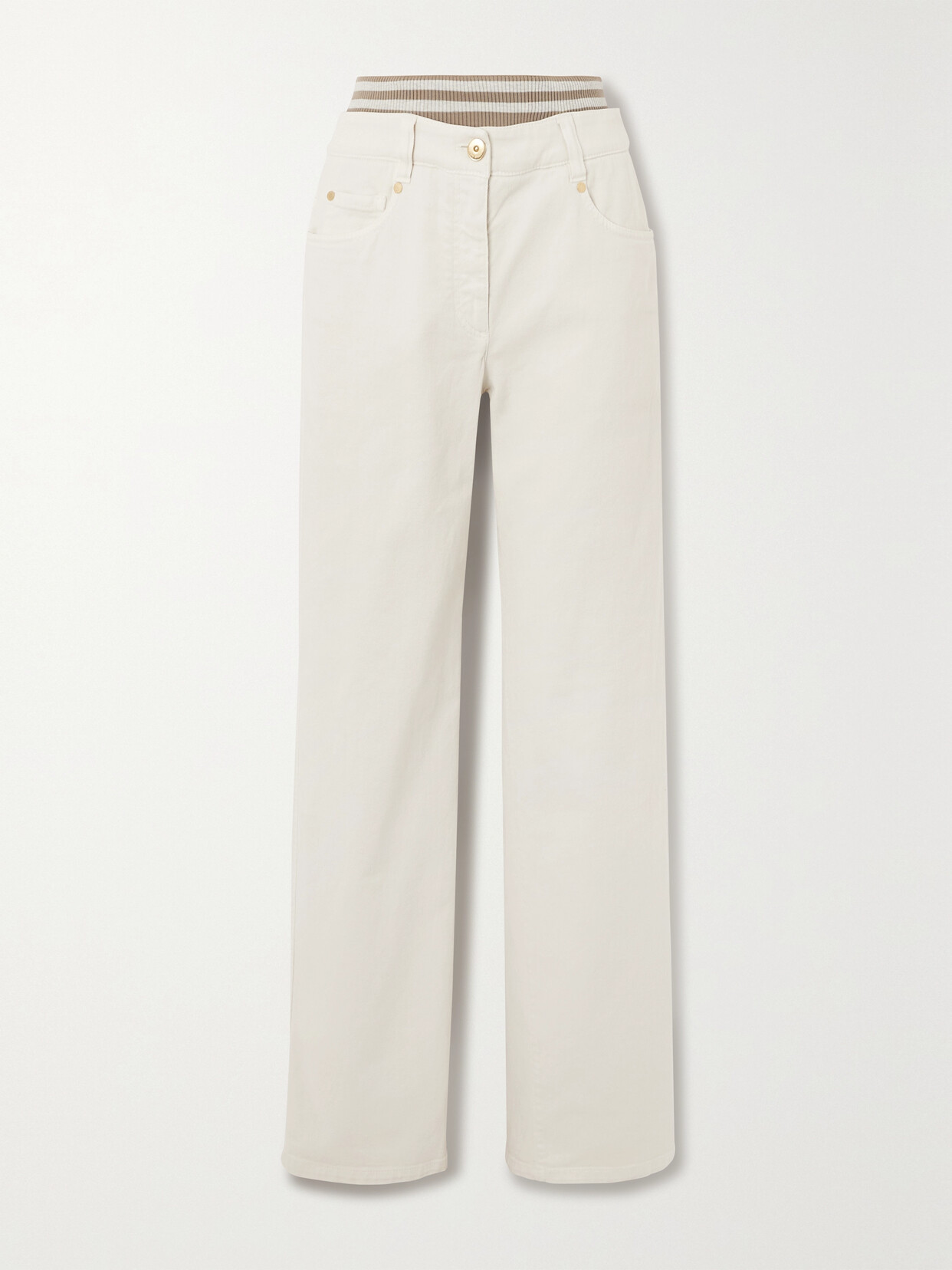 Brunello Cucinelli Striped Jersey-trimmed Stretch-cotton Twill Straight-leg Pants - Off-white