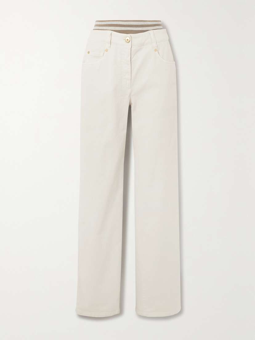Brunello Cucinelli Striped Jersey-trimmed Stretch-cotton Twill Straight-leg Pants