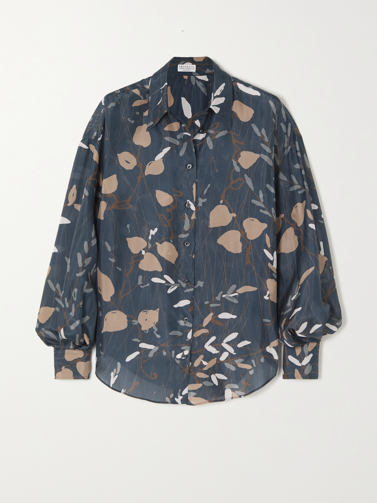 Shop Brunello Cucinelli Printed Silk-voile Shirt In Blue