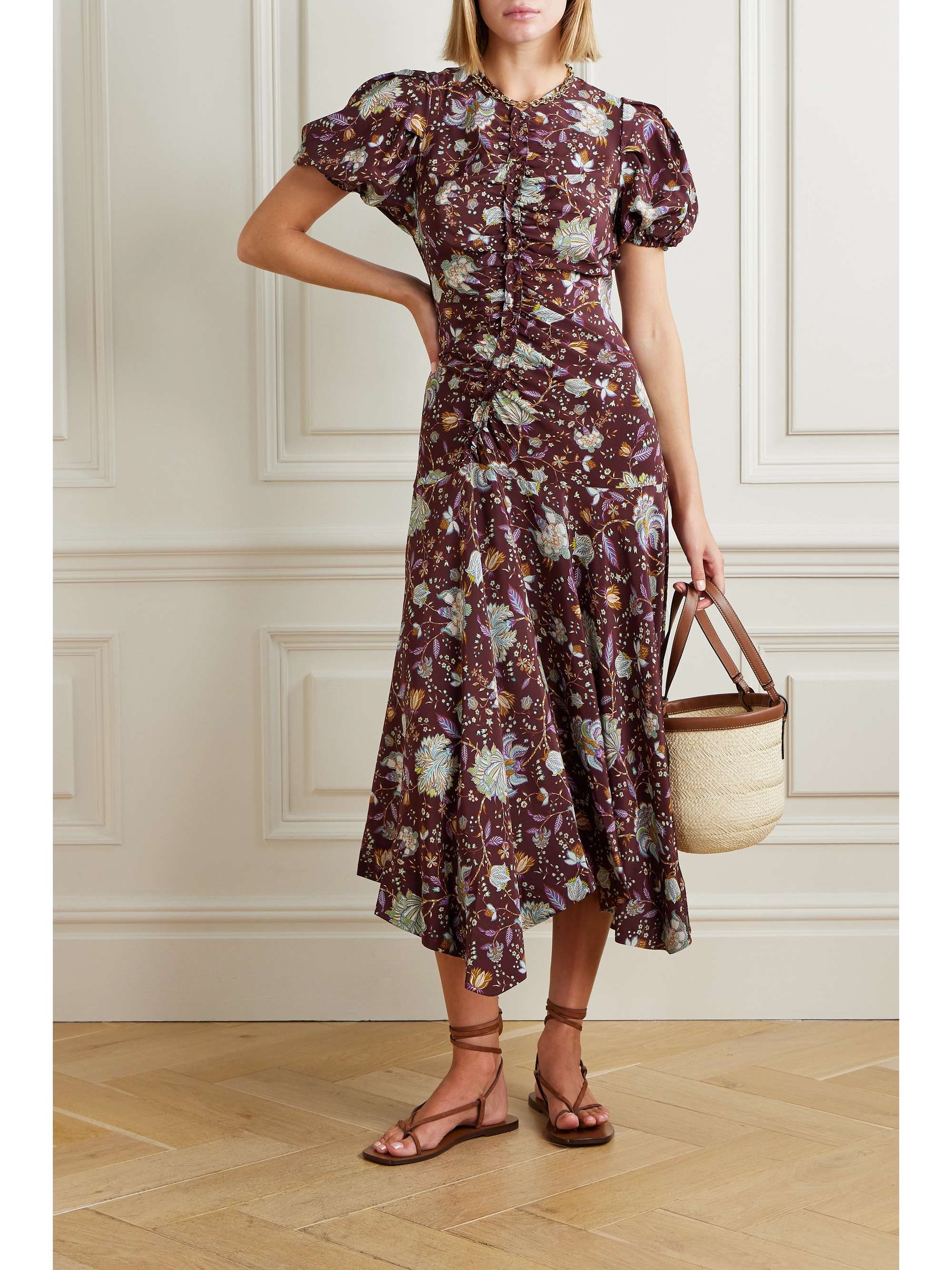 ULLA JOHNSON Heleen gathered floral-print silk crepe de chine midi ...